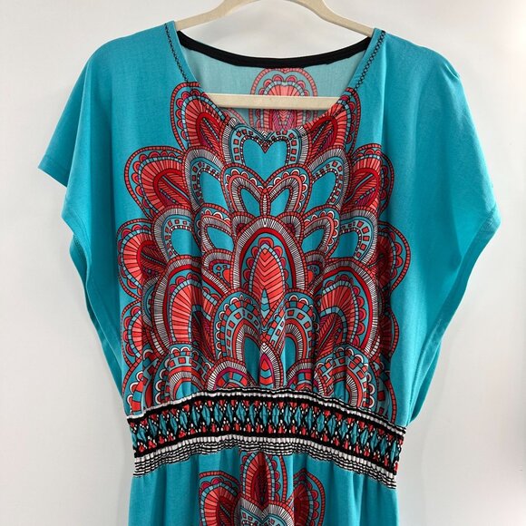 Bohemian-Inspired Turquoise Red Patterned Midi Dress Elastic Waist M Gypsy Swim - Picture 8 of 9